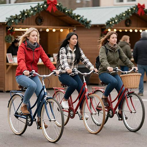 Three Women Biking Through Christmas Market