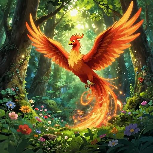 Digital fantasy artwork of a vibrant, fiery phoenix with outstretched wings soaring above a lush forest filled with colorful flowers and dappled sunlight.