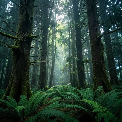 Photograph of a dense, misty forest with tall, dark trees and vibrant green ferns covering the forest floor. Sunlight filters through the canopy