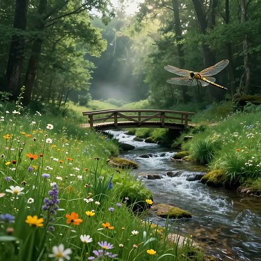 Photorealistic digital art of a serene forest stream with colorful wildflowers, a wooden bridge, and a hovering dragonfly. Sunlight filters through trees