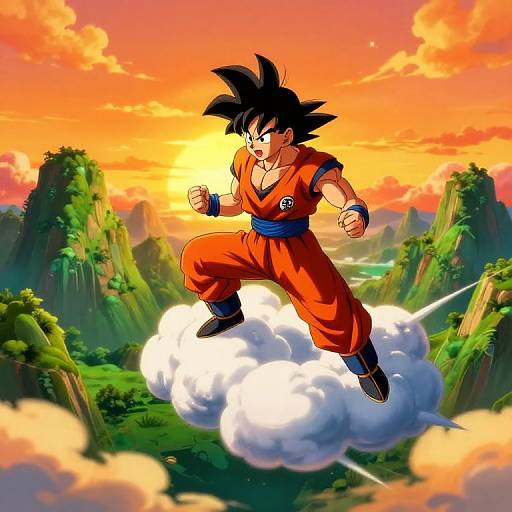 Digital anime-style artwork of Son Goku, with spiky black hair, wearing orange martial arts outfit, leaping from a cloud over a vibrant, mountain