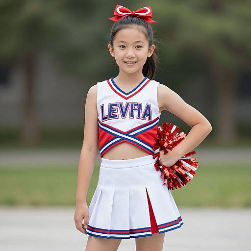 Photograph of an Asian cheerleader with black hair in a red bow, wearing a white 