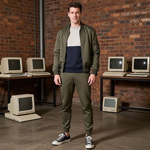 Photograph of a young man with short brown hair, wearing an olive jacket, black shirt, olive pants, and black sneakers, standing in a brick