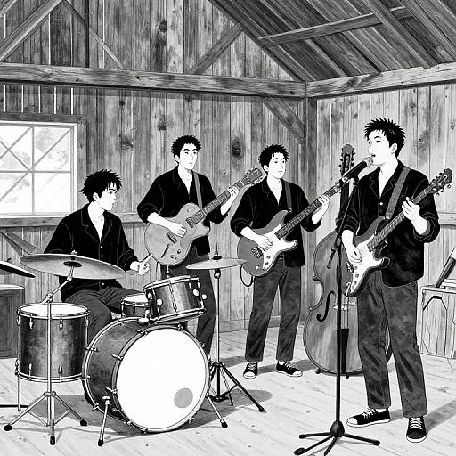 Black-and-white digital illustration of four Asian men with spiky hair playing electric guitars and drums in a wooden barn.
