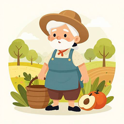 Cartoon-style illustration of a white-bearded elderly farmer in blue overalls, brown hat, holding a basket with green vegetables, beside a pumpkin and