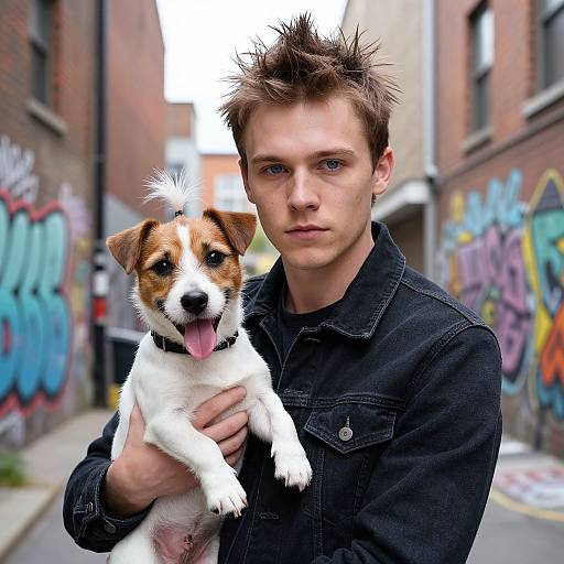 Young Man with Jack Russell in Graffiti Alley