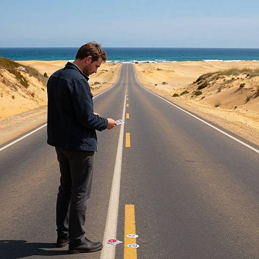 Photograph of a man in a dark jacket and jeans, standing on an empty, straight road with yellow lines, looking at a smartphone, with sandy