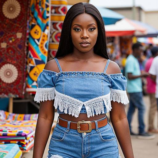 Photograph of a young Black woman with long straight hair, wearing a blue off-shoulder denim top with white lace trim, brown belt, and