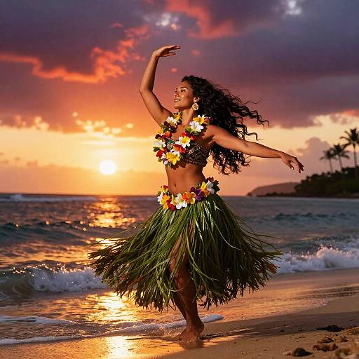 Muscular Hawaiian Hula Dancer at Sunset