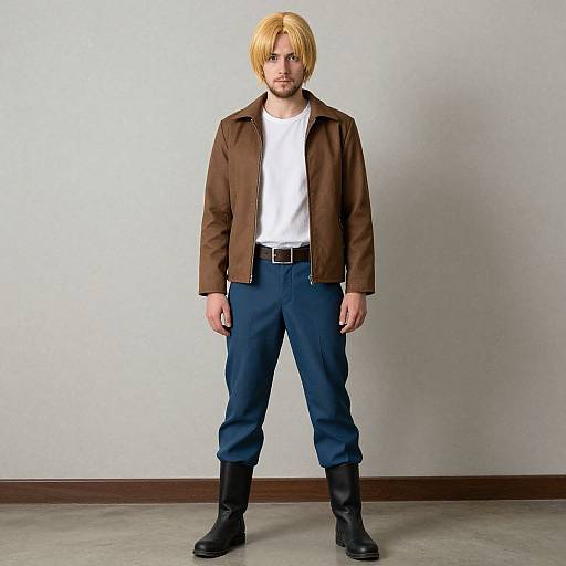 Photograph of a man with blonde bob haircut, brown jacket, white shirt, blue pants, black boots, standing against plain white wall.