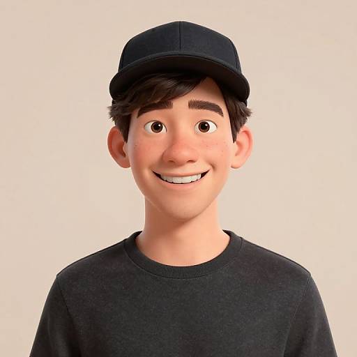 3D CGI portrait of a smiling young boy with fair skin, dark brown eyes, short black hair, wearing a black cap and black shirt against a