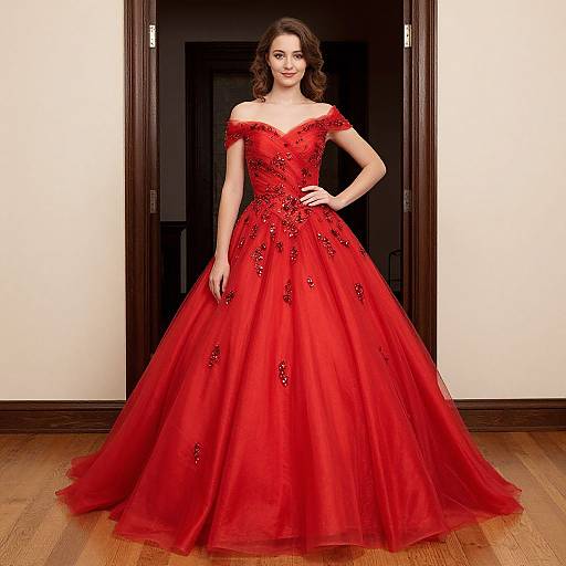 Photograph of a brunette woman in an off-shoulder, red, lace-embellished ball gown, standing confidently in a wooden floored