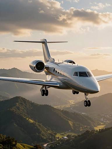 Golden Hour Business Jet Over Mountains