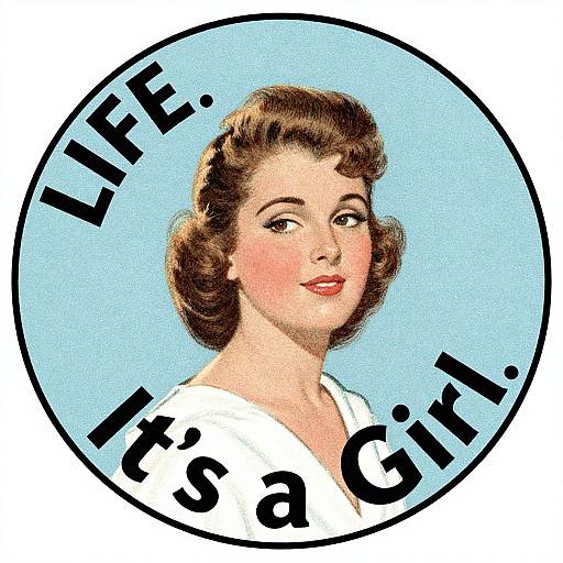 Vintage-style illustration of a smiling woman with red lipstick and curled brown hair, wearing a white top, inside a blue circle with 