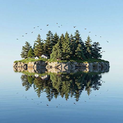 Mirrored Island Reflection with Birds