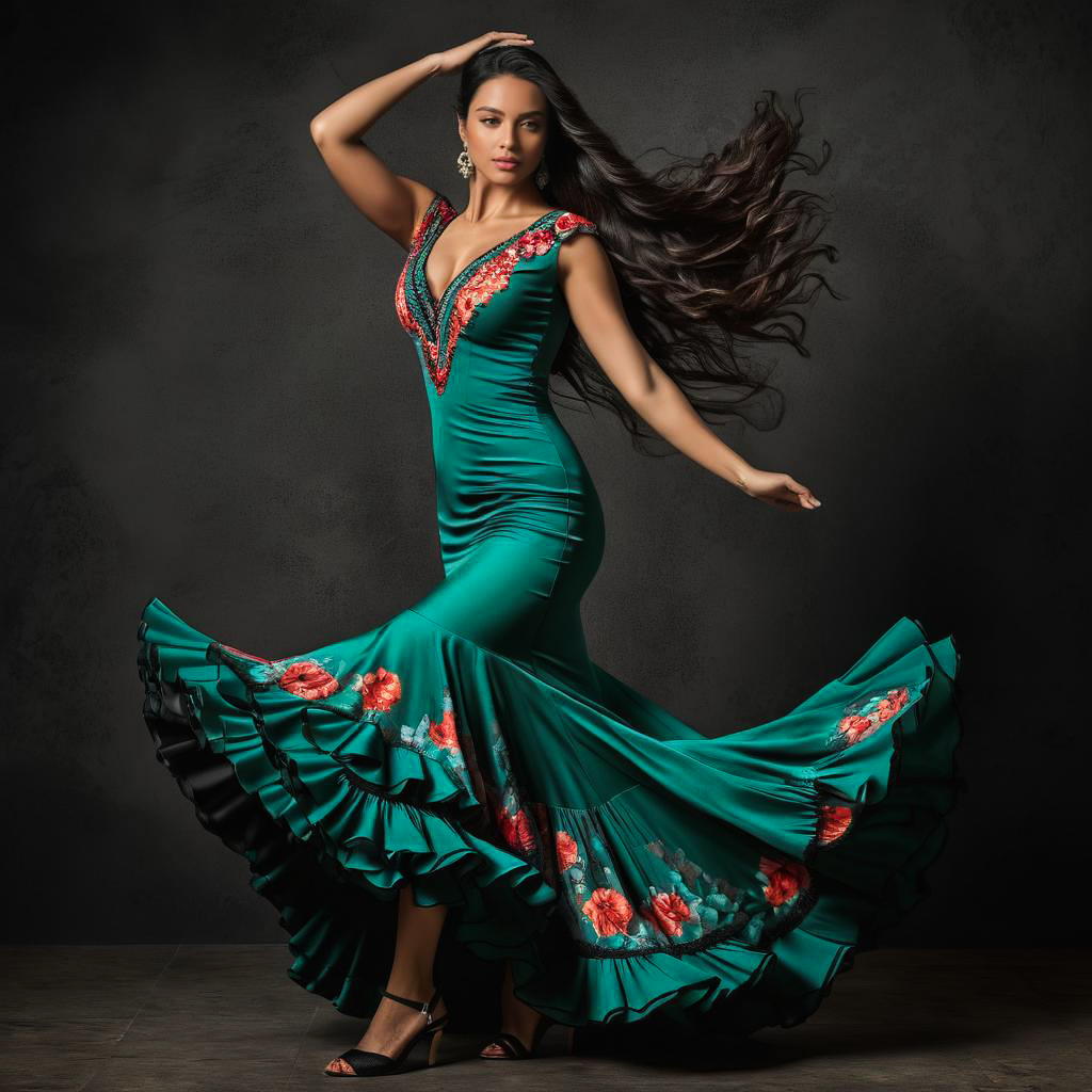 Elegant Spanish Woman in Flamenco Dress