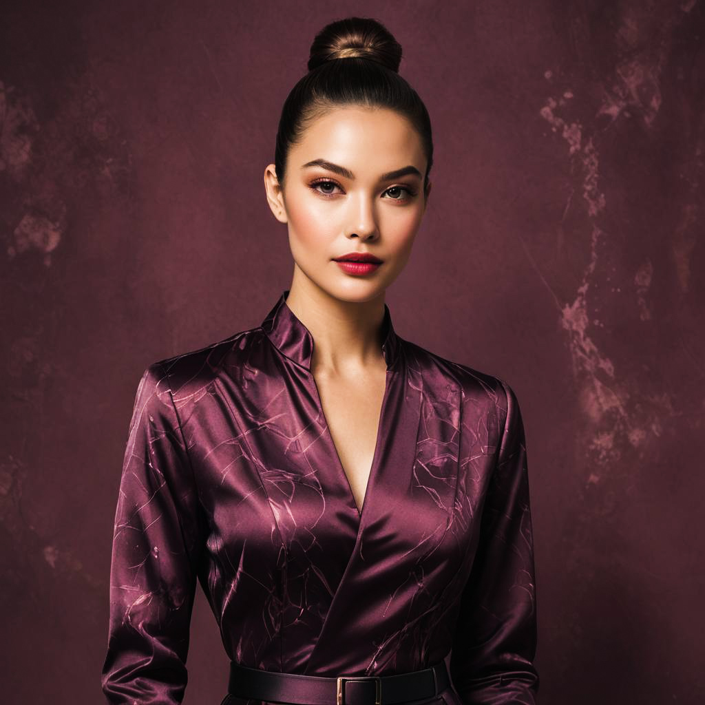 Elegant Actress in Marbled Merlot Background