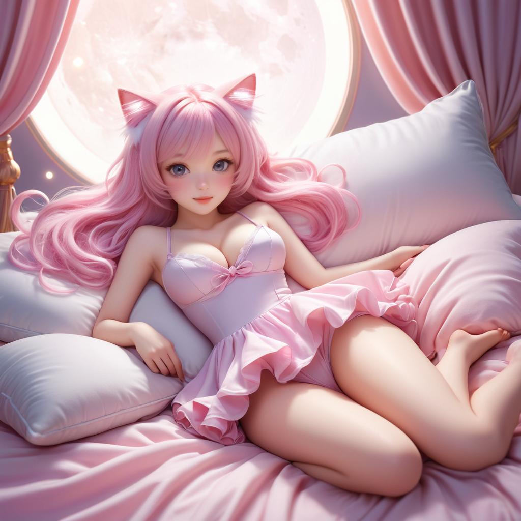 Playful Catgirl in Moonlit Serenity