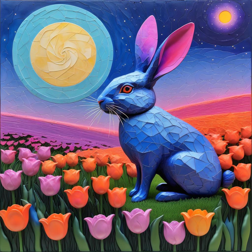 Curious Rabbit in Twilight Tulip Field