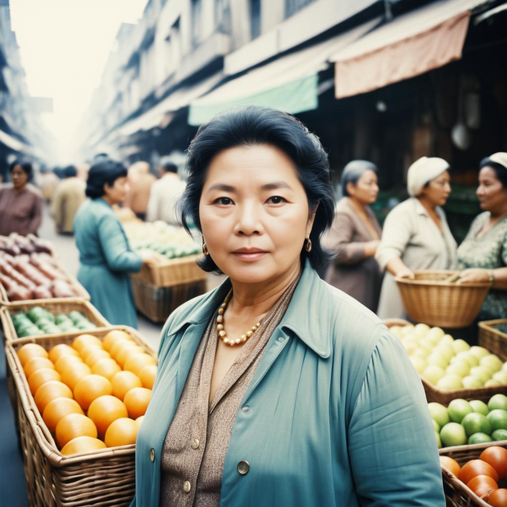 70s Street Market Scene with Woman