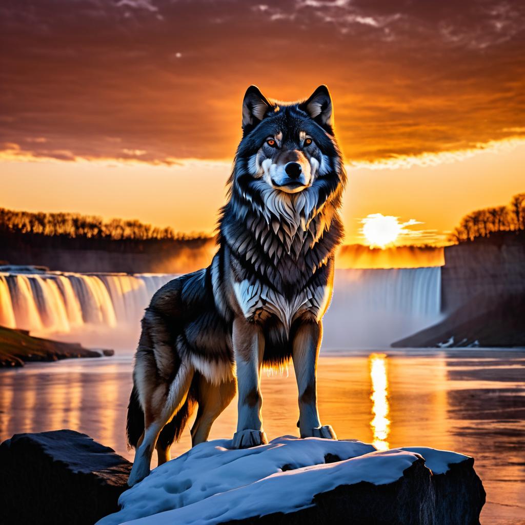 Majestic Wolf Against Niagara Falls Sunset