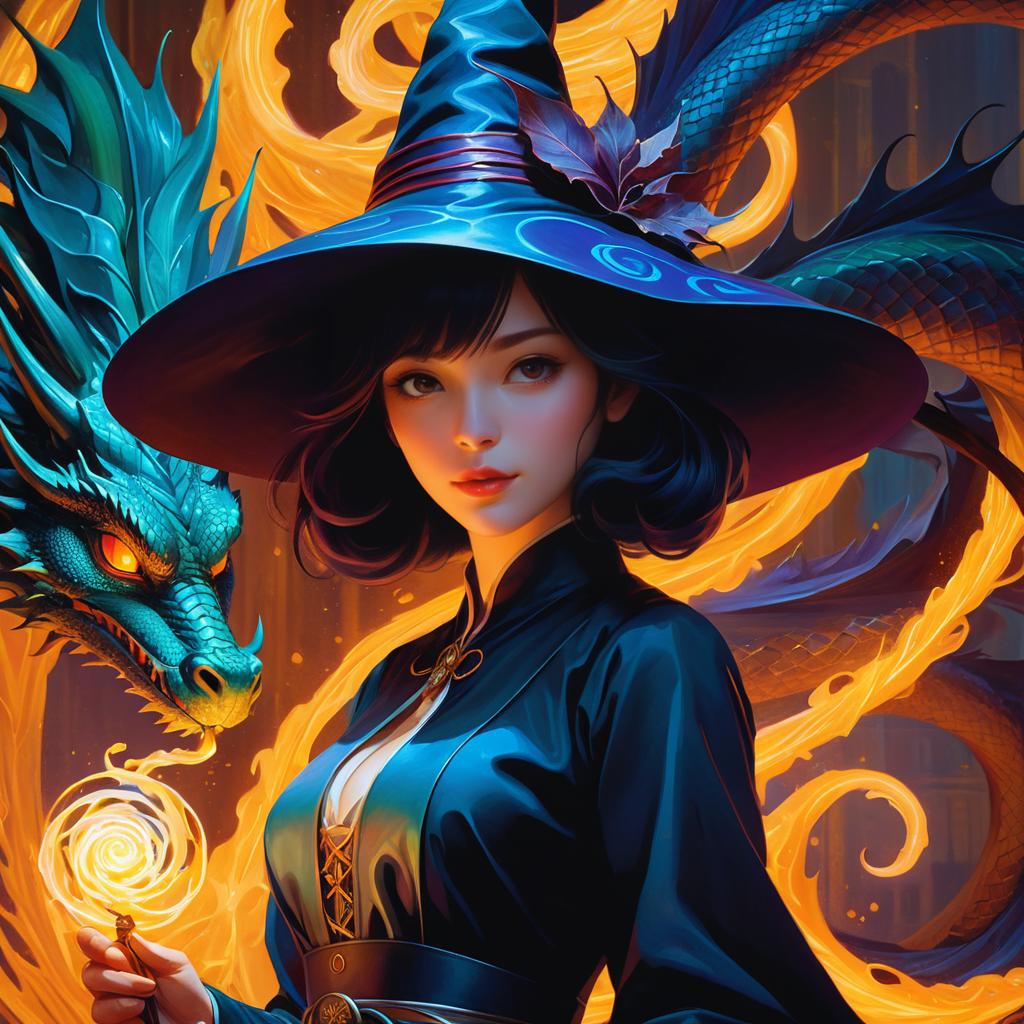 Vibrant Witch and Dragon Art Masterpiece