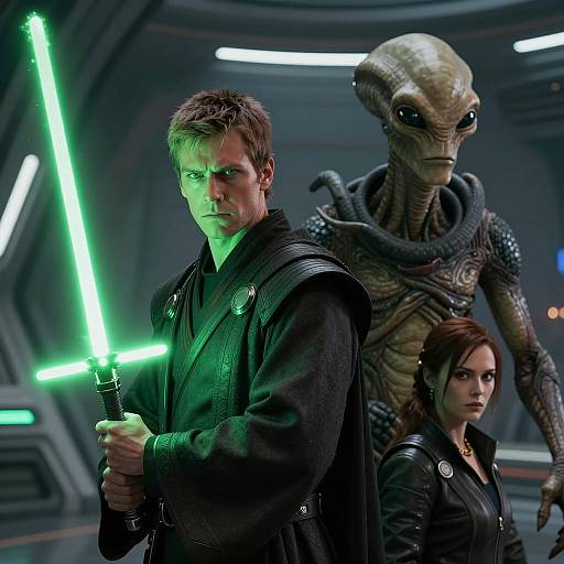 Sci-Fi Trio with Lightsaber and Alien in Space Station