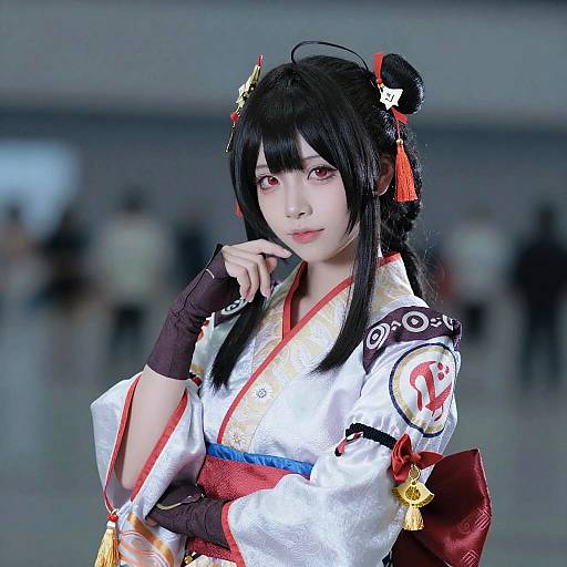 Photograph of a young Asian woman in detailed traditional Korean cosplay, with black hair in buns, white kimono, red accents, and fingerless