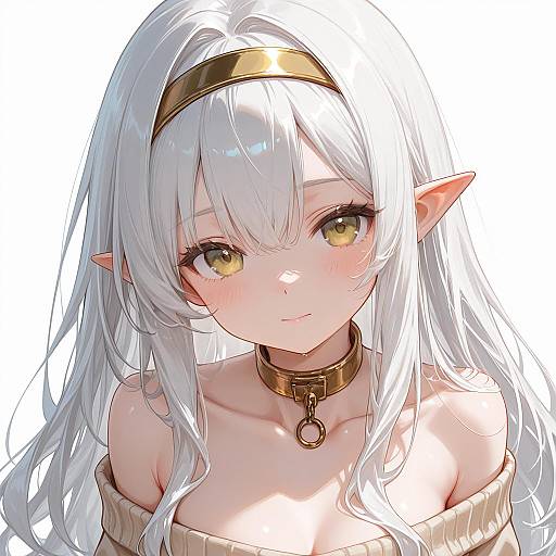 Anime Elf Girl with White Hair and Gold Accessories