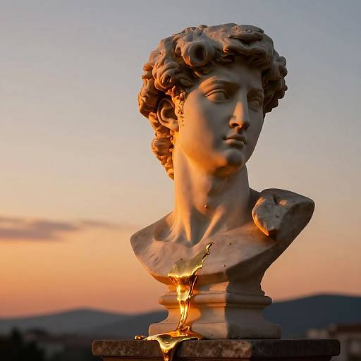 Photograph of a classical marble bust with curly hair, illuminated by sunset, featuring a crack with glowing light at the base.