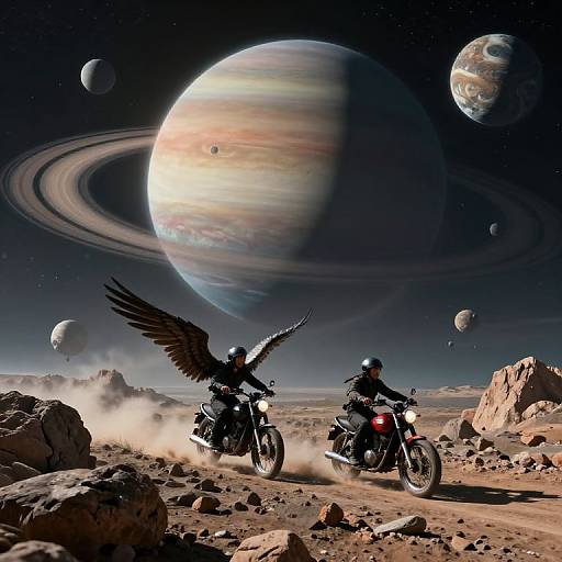 Digital artwork: Two motorcyclists, one with black wings, racing on a rocky, desert-like planet with large, colorful planets and rings in the
