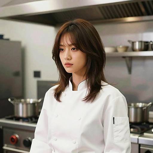 Photograph of a young Asian woman with shoulder-length brown hair, wearing a white chef's coat, standing in a modern kitchen with stainless steel appliances and