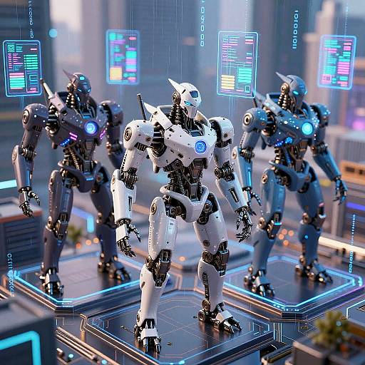 Photorealistic CGI of three futuristic, glowing robotic warriors with blue and white designs, standing on illuminated platforms in a high-tech laboratory.