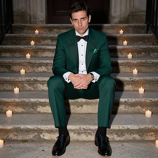 Photograph of a handsome man in a dark green suit, black bow tie, white shirt, sitting on stone steps with lit candles surrounding him at night