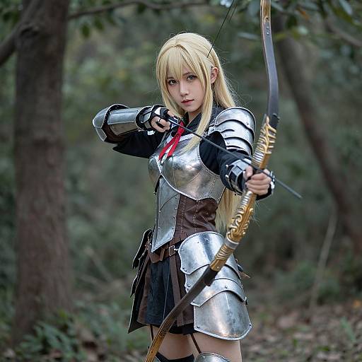 Photograph of a blonde woman in medieval-style silver armor, holding a gold-trimmed bow, standing in a forest, with intense focus.