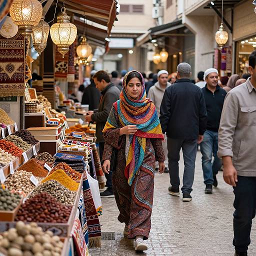 Photograph of a Middle Eastern market: a woman in colorful, patterned shawl and headscarf walks past spice stalls, lanterns, and