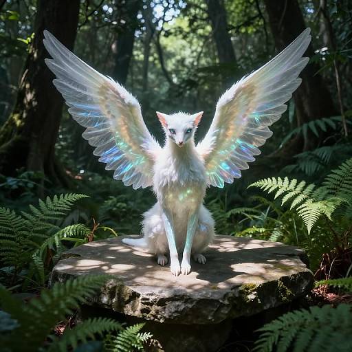 Photograph of a glowing, white, winged cat with iridescent feathers sitting on a forest rock, surrounded by ferns and dappled