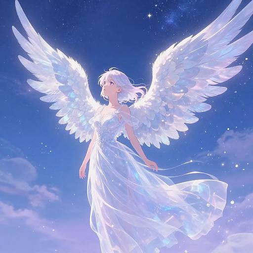 Digital anime-style drawing of a white-haired angel with glowing wings and dress, floating against a starry blue night sky.