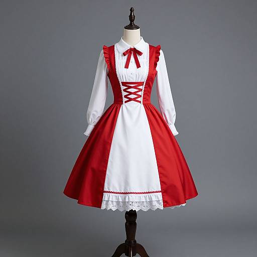 Photograph of a vintage-style red and white Victorian dress on a mannequin, featuring lace trim, red ribbon bow, and corset-style l