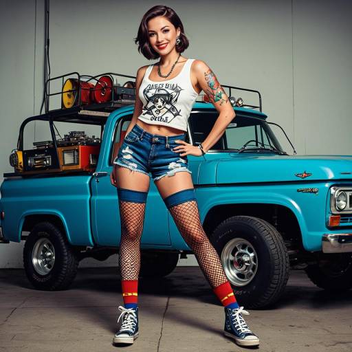 Stylish Woman Posing by Vintage Blue Pickup Truck