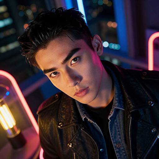 Photograph of a young man with dark hair, black leather jacket, denim shirt, holding a neon lightbulb, illuminated by blue and pink neon