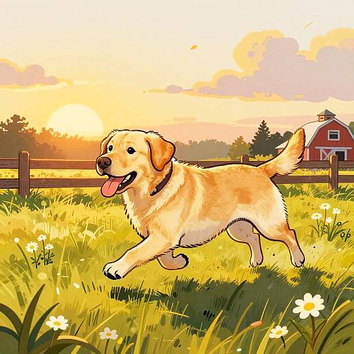 Golden Labrador Running in Sunlit Field