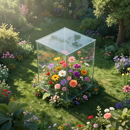 Photograph of a vibrant garden with a clear, hexagonal glass dome containing a colorful bouquet of flowers, surrounded by lush greenery and sunlight filtering through