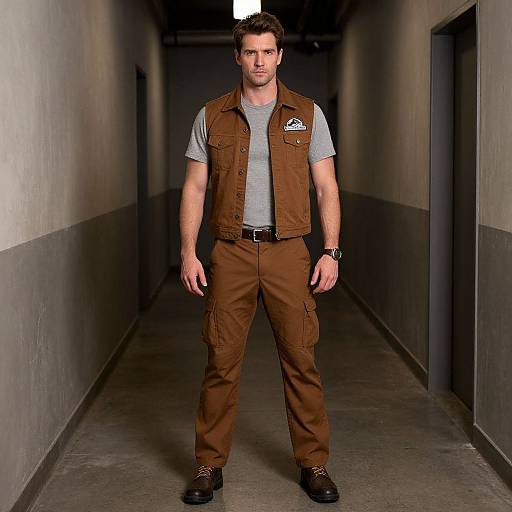 Photograph of a muscular man with short brown hair, wearing a gray t-shirt, brown vest, brown cargo pants, and black shoes, standing in