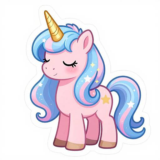 Cute digital illustration of a pink unicorn with a golden horn, blue and pink flowing mane, and tail, closed eyes, and a star cutie