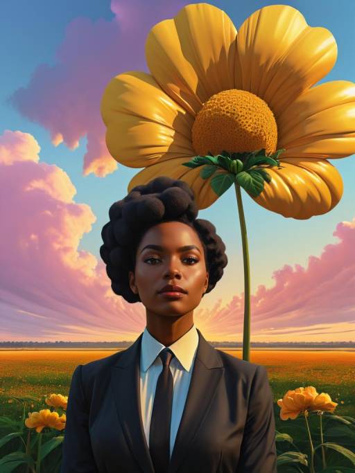 Confident woman in suit with giant yellow flower
