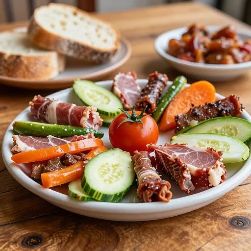 Photograph of a colorful plate of sliced meats, cucumbers, tomatoes, carrots, and leafy greens on a wooden table with bread in the