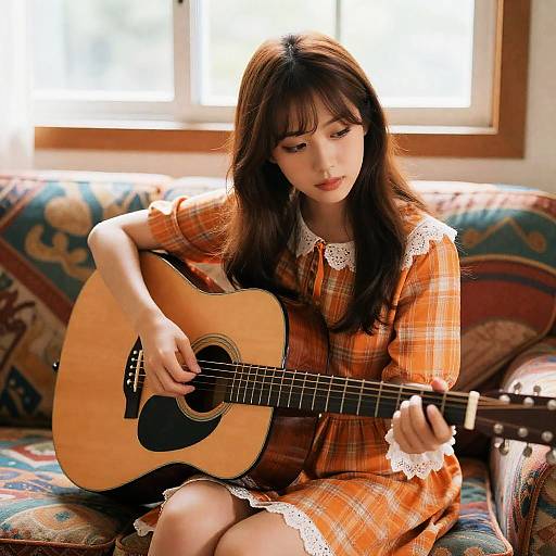 Focused Asian Woman Playing Guitar