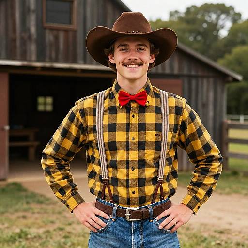 Photograph of a smiling young man in cowboy attire: brown hat, yellow-black checkered shirt, red bow tie, blue jeans, brown suspenders