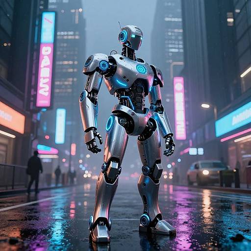 CGI image of a futuristic, silver humanoid robot with blue neon accents standing in a rainy, neon-lit city street at night.